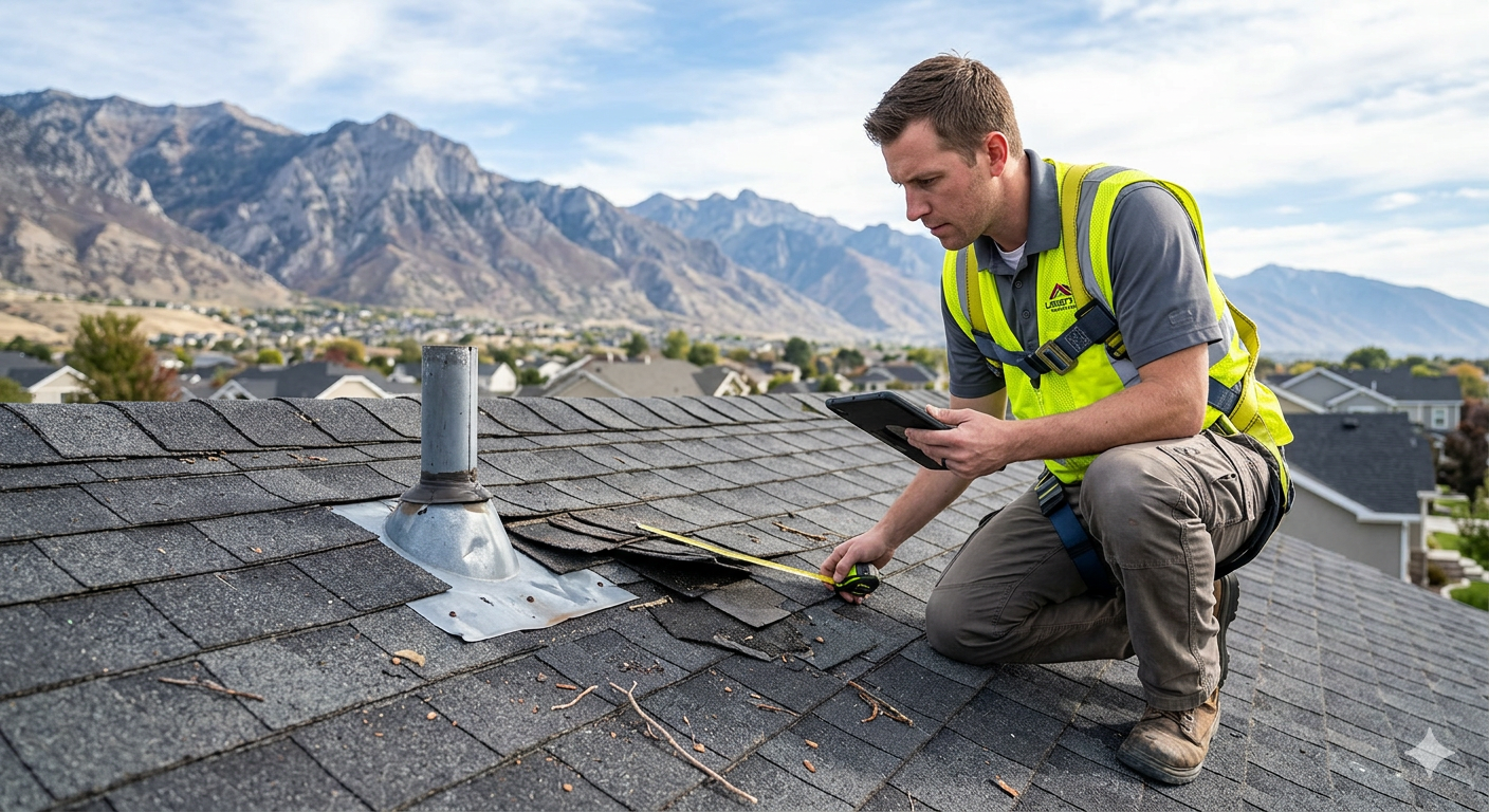 photo shows Liberty Roofing roof inspector looking for storm damage .