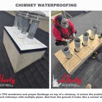 Chimney Waterproofing - This is a new TPO membrane and proper flashings on top of a chimney. It solves the problem of how to waterproof chimneys with multiple pipes. From the ground it looks like a normal metal cap.