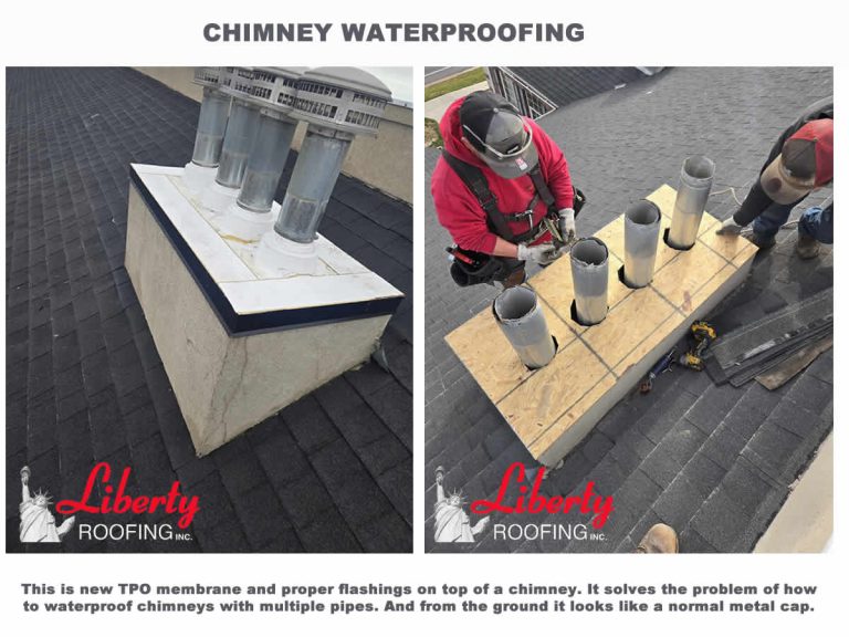 Chimney Waterproofing - This is a new TPO membrane and proper flashings on top of a chimney. It solves the problem of how to waterproof chimneys with multiple pipes. From the ground it looks like a normal metal cap.