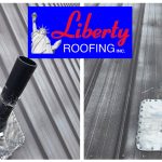 This is an emergency roof repair to an old metal roof. We used a sheet of lead to repair the damage to the metal panels caused by the snow. Then we were able to install a proper flashing.