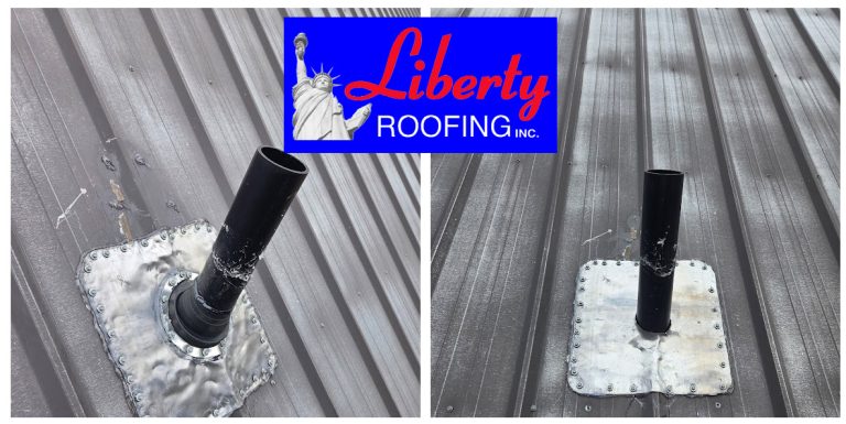 This is an emergency roof repair to an old metal roof. We used a sheet of lead to repair the damage to the metal panels caused by the snow. Then we were able to install a proper flashing.
