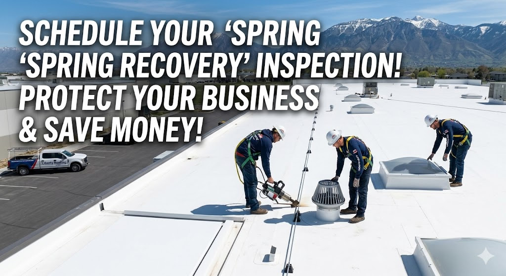Liberty Roofing team performing a 'Spring Recovery' inspection and repair on a commercial TPO flat roof in Spanish Fork, Utah, with the Wasatch Mountains in the background.