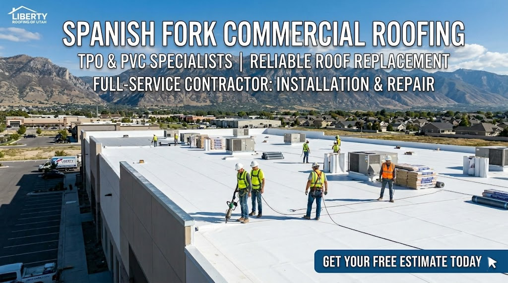 Liberty Roofing crew installing a white commercial TPO roof replacement in Spanish Fork, Utah, with the Wasatch Mountains in the background.