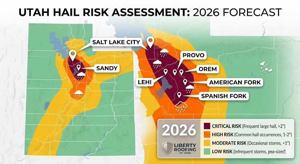 2026 Utah Hail Risk Map showing high risk zones in Provo, Orem, and Lehi