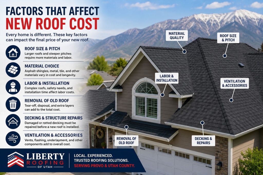 Infographic showing the factors that affect new roof cost in Provo Utah including roof size materials labor ventilation and repairs