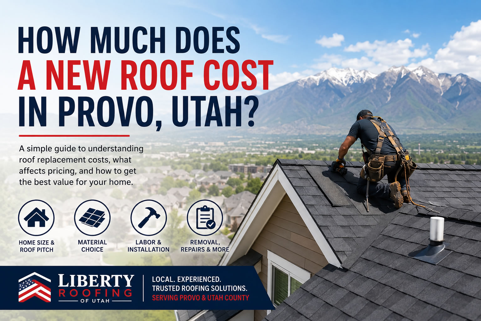 Roofer installing asphalt shingles on a home in Provo, Utah with mountains in the background