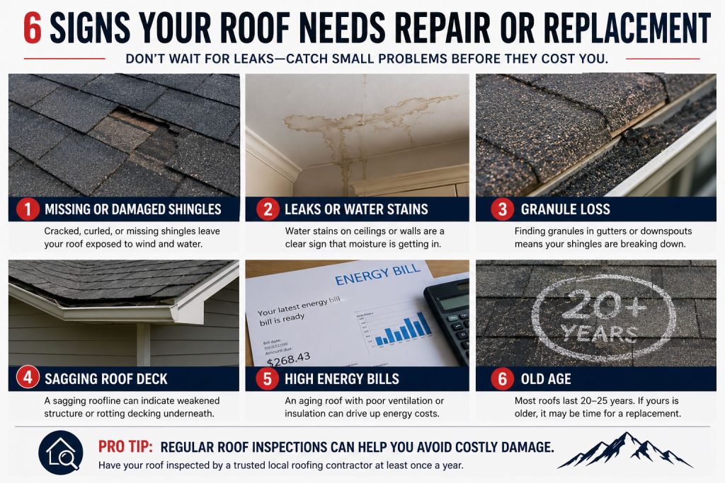 Infographic showing six warning signs that a Utah County roof may need repair or replacement