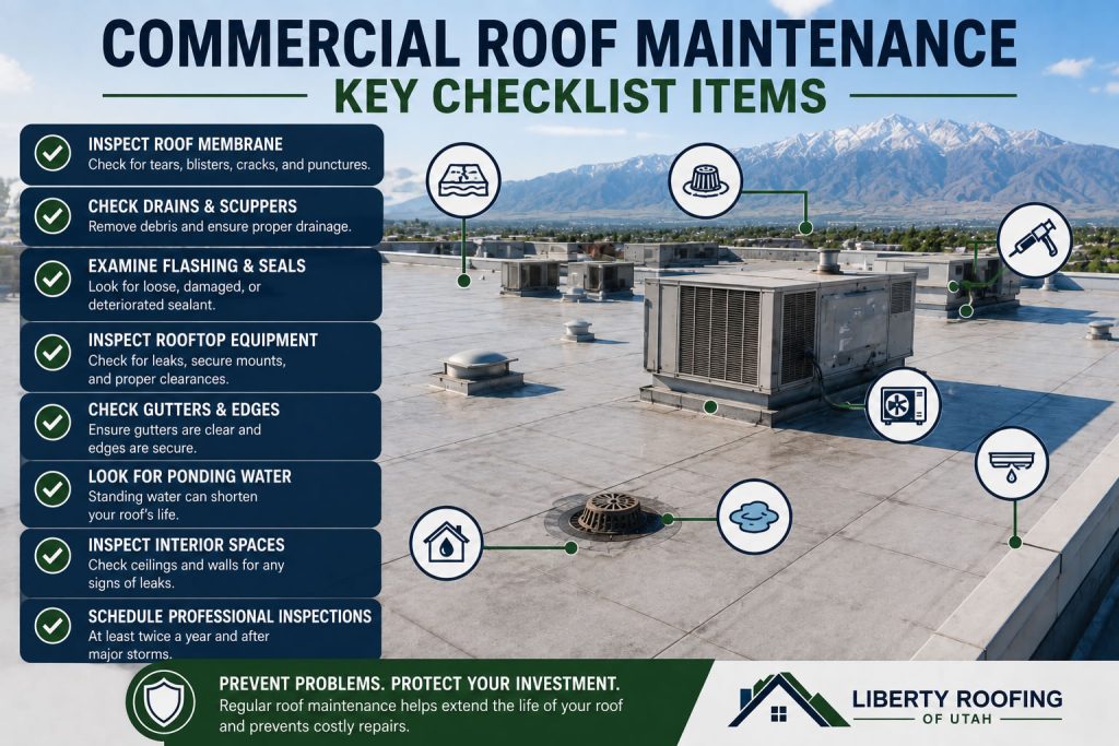 commercial-roof-maintenance-checklist-items-utah-county.jpg" alt="Commercial roof maintenance checklist showing key inspection points on a flat commercial roof in Utah County