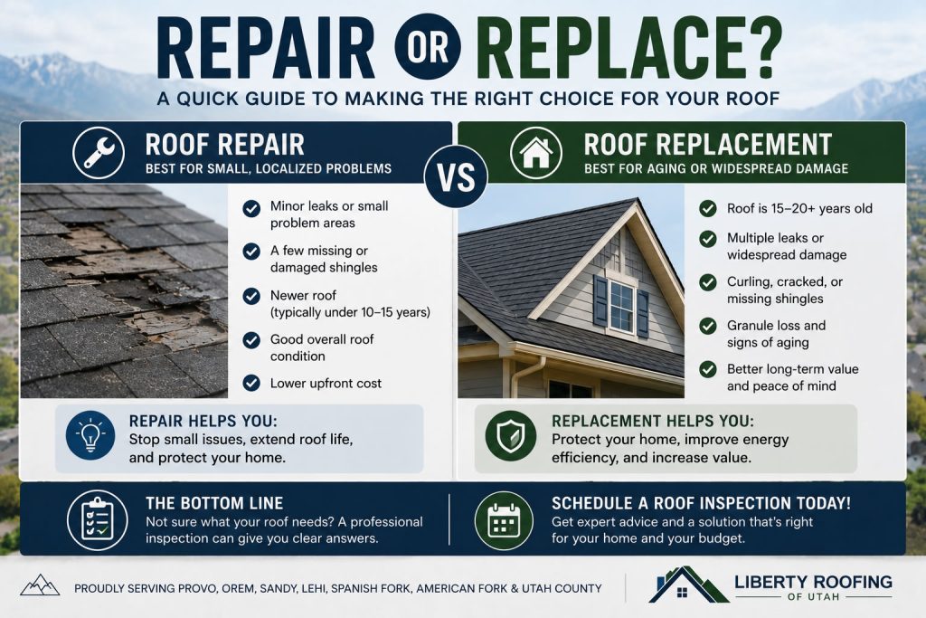 roof-repair-or-replace-guide-utah-homeowners.jpg" alt="Roof repair versus roof replacement infographic helping Utah homeowners determine the best roofing solution