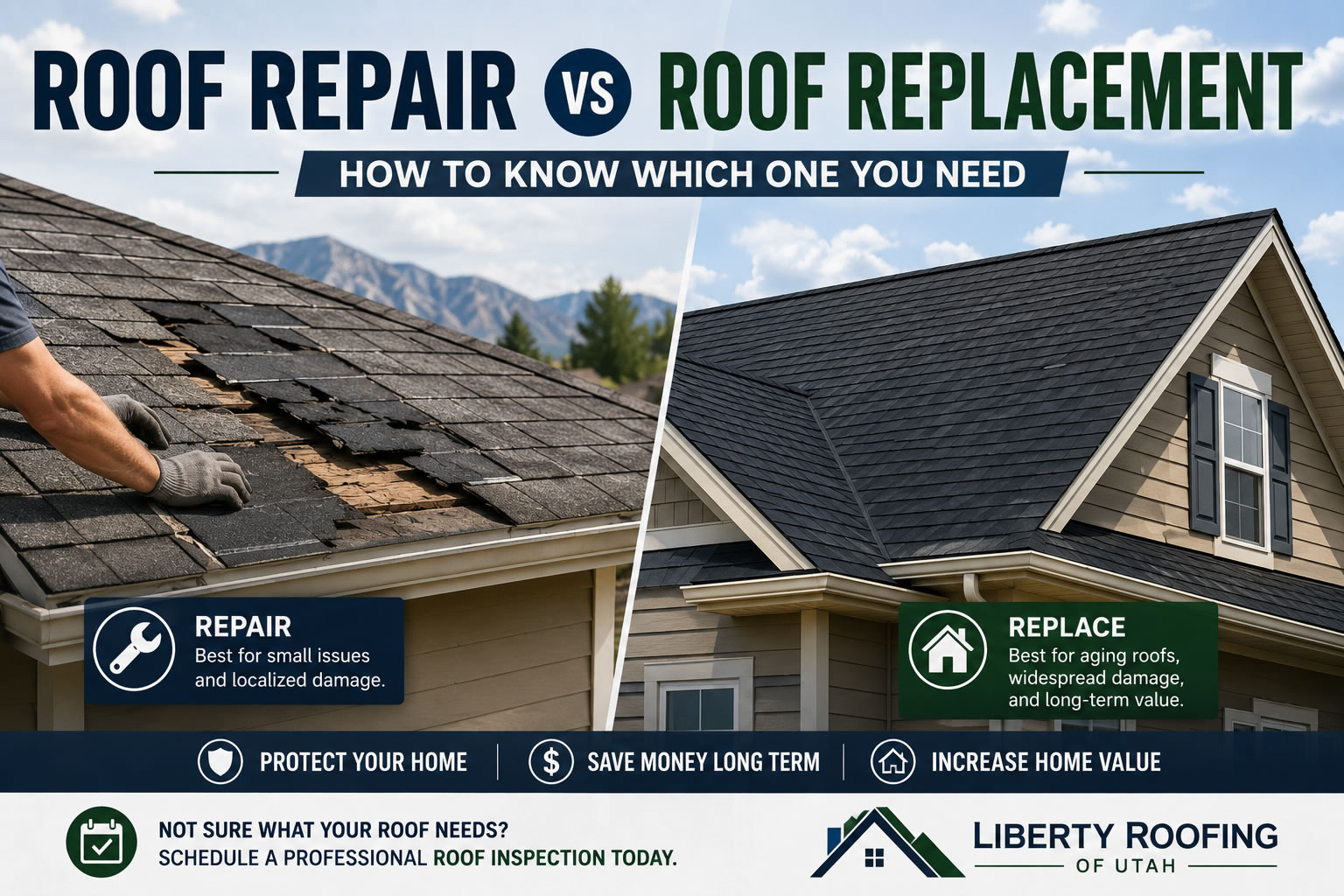 roof-repair-vs-roof-replacement-utah.jpg" alt="Roof repair versus roof replacement comparison showing damaged shingles and a newly installed roof on Utah homes
