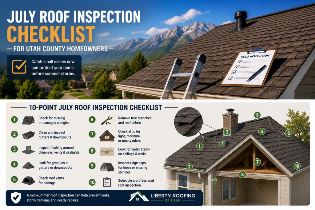 Ten point July roof inspection checklist showing key roof areas Utah homeowners should check