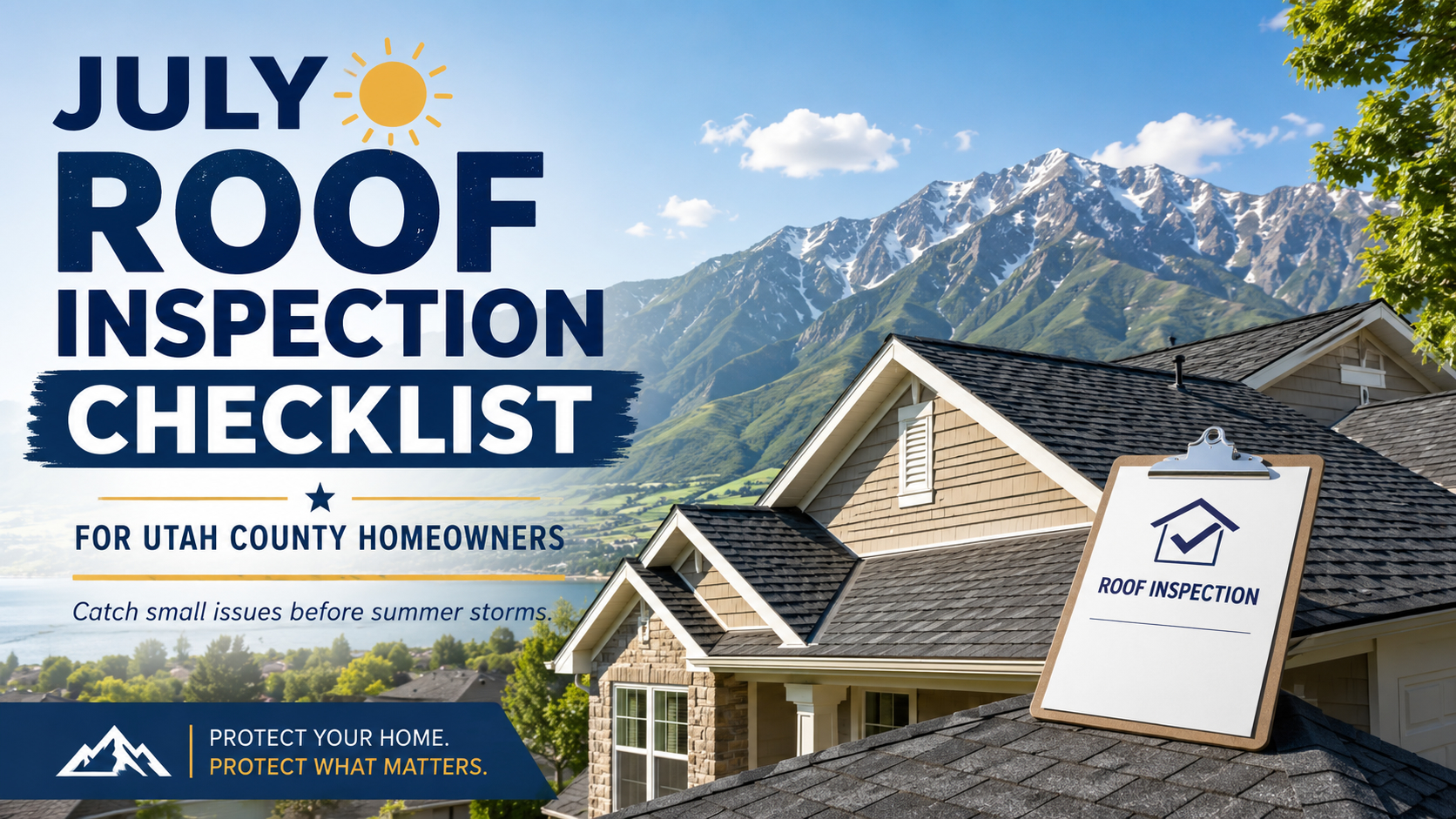 July roof inspection checklist for Utah County homeowners with residential roof and mountain background