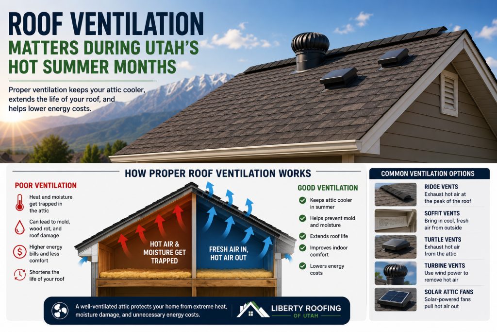 Infographic explaining proper roof ventilation during Utah summer with attic airflow and common vent options