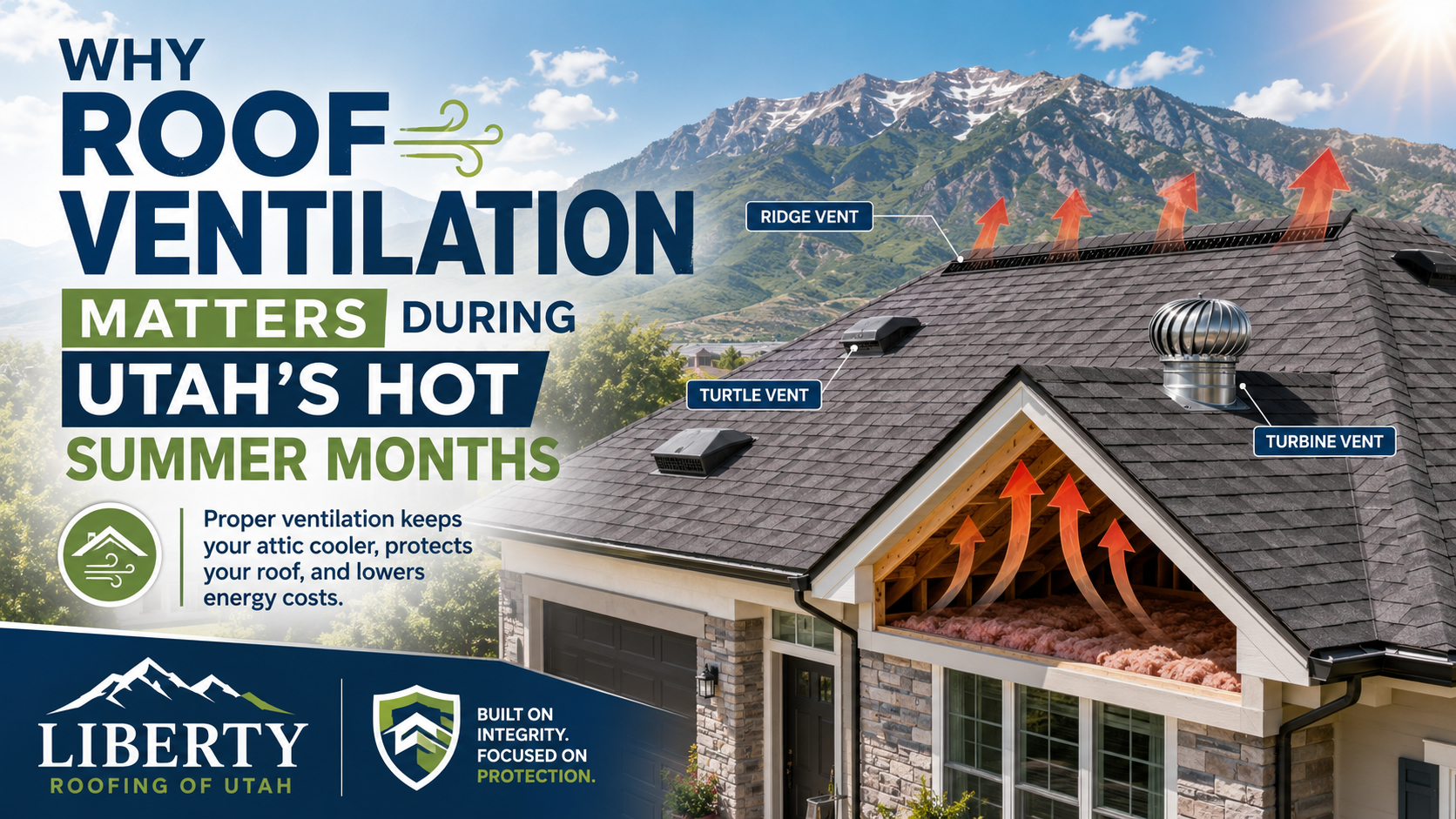 Roof ventilation in Utah summer showing attic heat escaping through ridge turbine and turtle vents