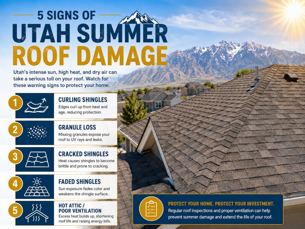 Infographic showing five signs of Utah summer roof damage including curling shingles granule loss cracked shingles faded shingles and poor ventilation