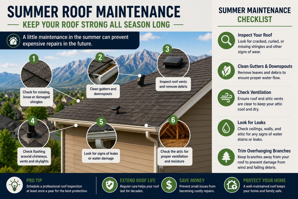 Summer roof maintenance checklist for Utah homeowners showing roof inspection gutters ventilation flashing and leak prevention
