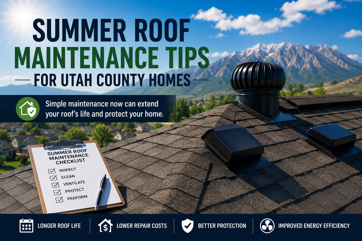 Summer roof maintenance tips for Utah County homes with asphalt shingle roof vents and inspection checklist