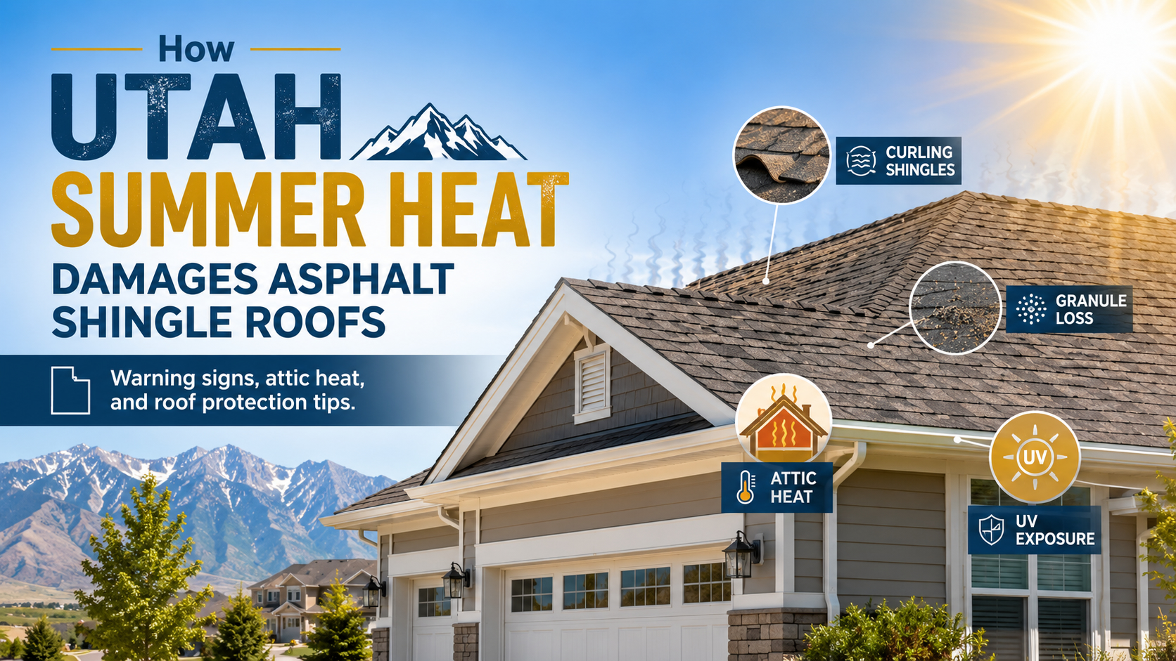 Utah summer heat damaging asphalt shingle roof with curling shingles granule loss attic heat and UV exposure
