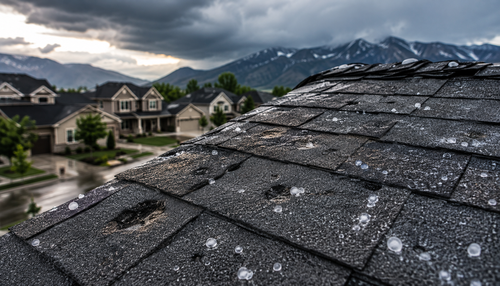 Hail damage on an asphalt shingle roof after a summer storm in Utah showing bruised shingles and granule loss.