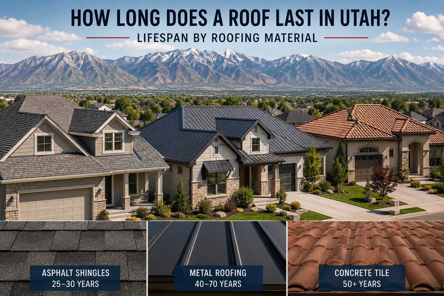 Residential homes in Utah featuring asphalt shingle, metal, and tile roofs illustrating the lifespan of different roofing materials.