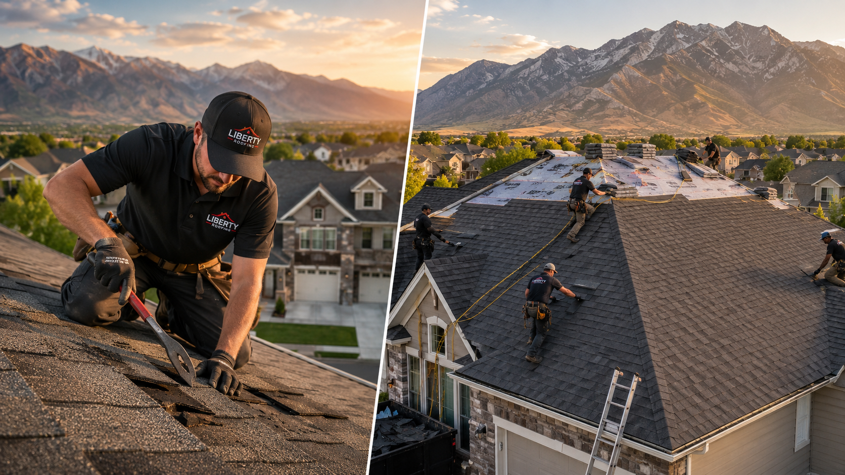 Split image showing a residential roof repair and a complete roof replacement on homes in Utah County.