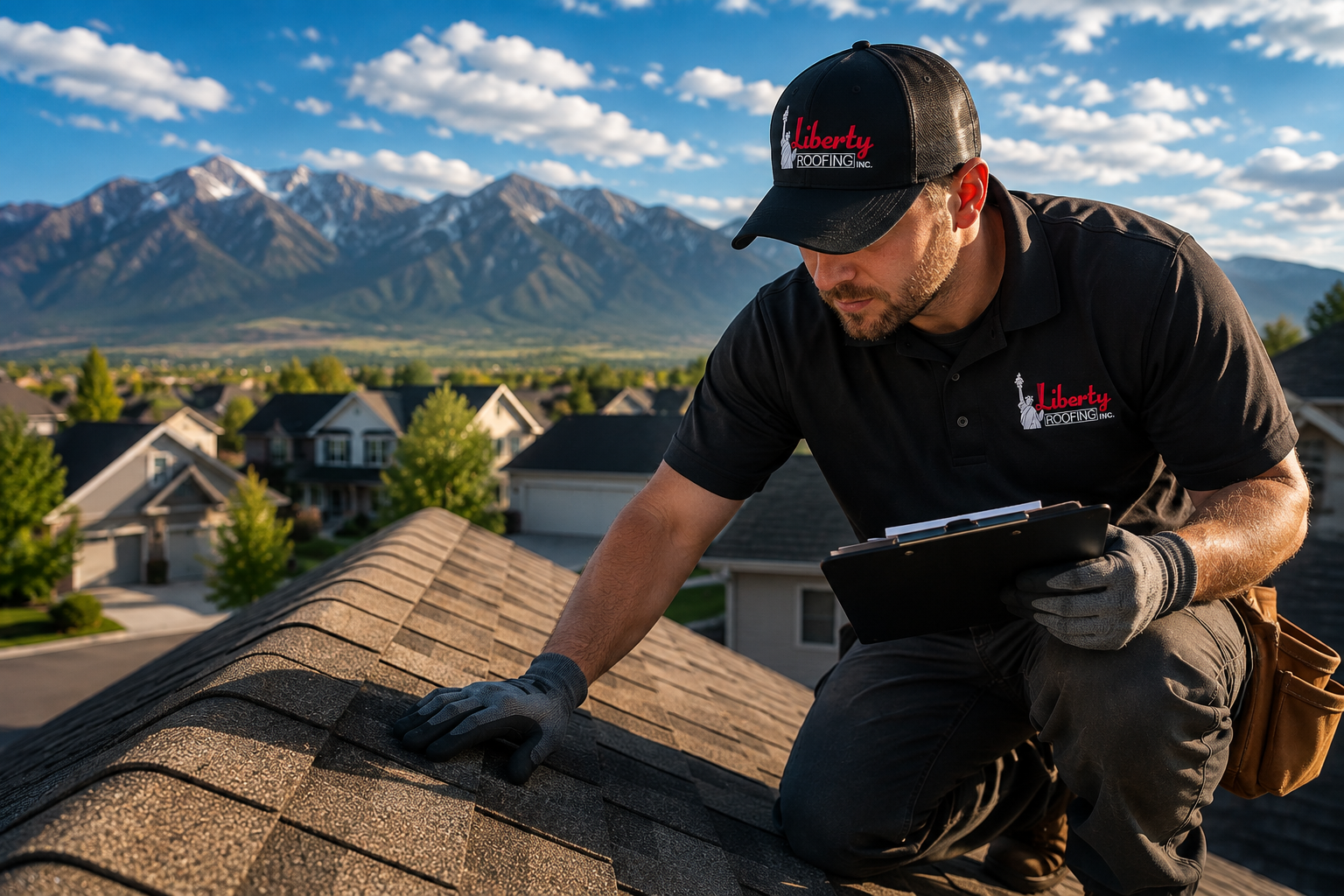 Roofing contractor performing a Utah roof inspection on an asphalt shingle roof before fall.