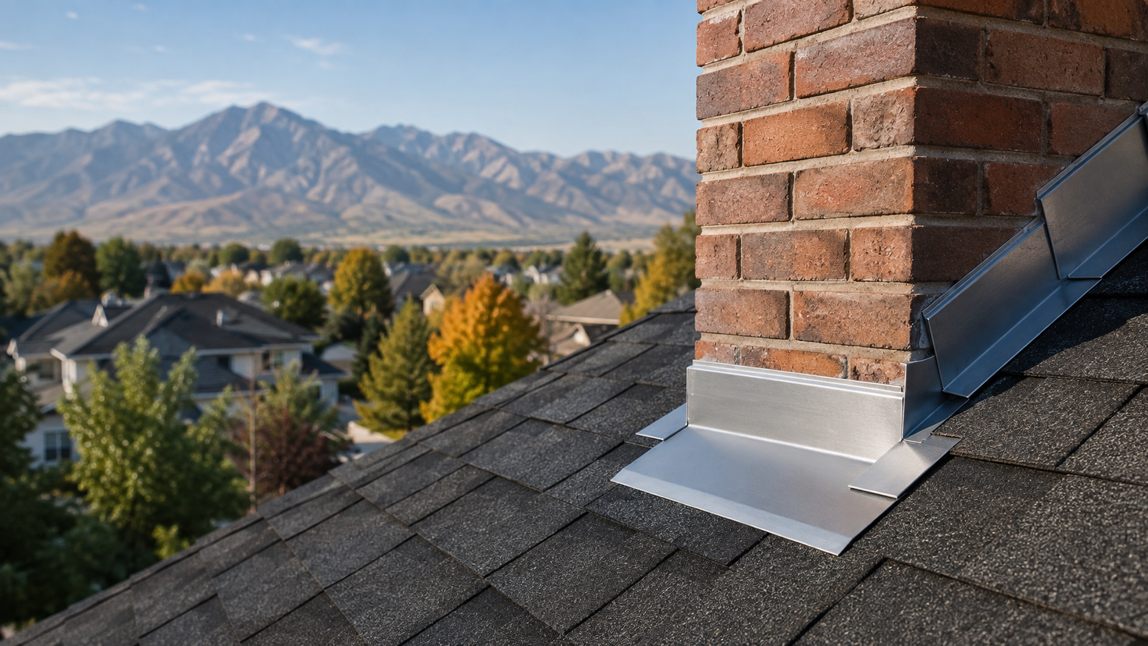 Metal roof flashing around a brick chimney on an asphalt shingle roof with Utah foothills in the background