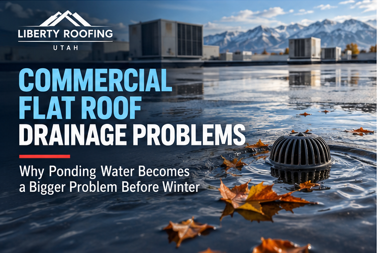 Ponding water around a commercial flat roof drain in Utah before winter.