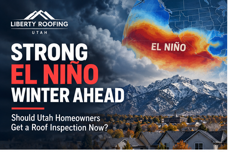 Utah homes and roofs beneath a strong El Niño winter weather graphic with the Wasatch Mountains in the background.