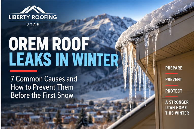 Snow and icicles along an Orem residential roof edge showing conditions that can contribute to winter roof leaks.