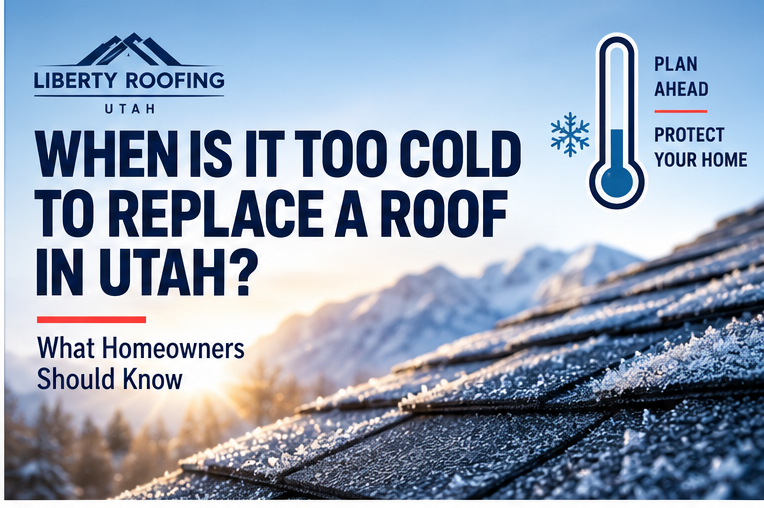 Frost-covered asphalt shingle roof in Utah illustrating cold-weather roof replacement conditions.